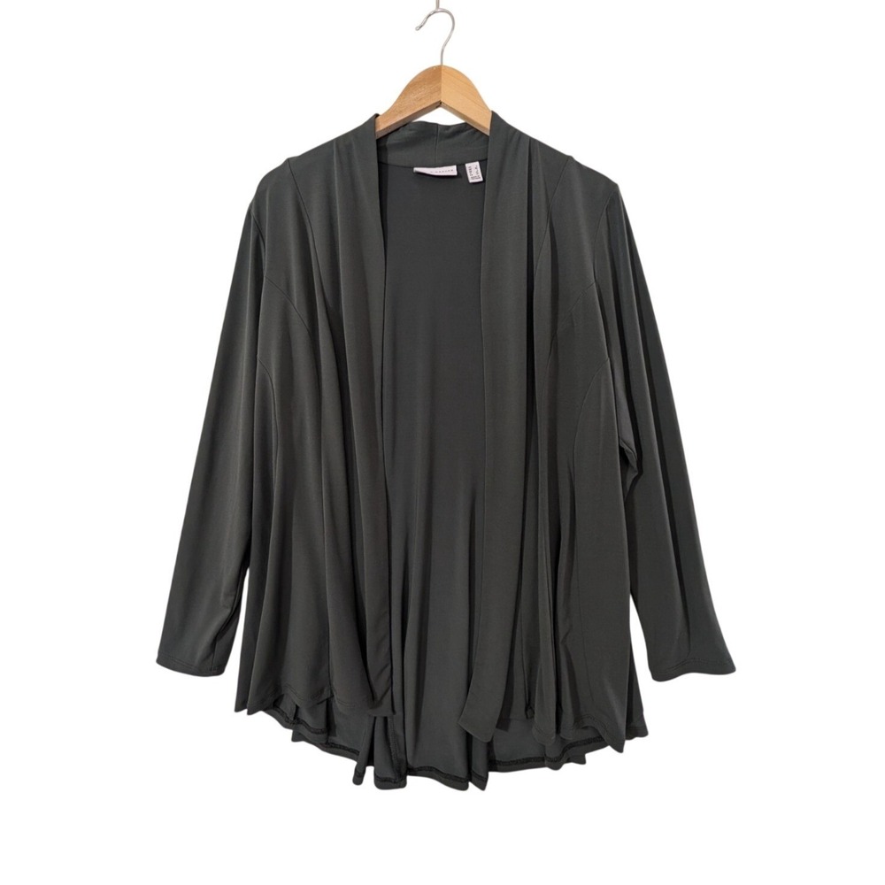 Susan Graver Liquid Knit Long Sleeve Cardigan Womens L Gray Open Front Hi Low
